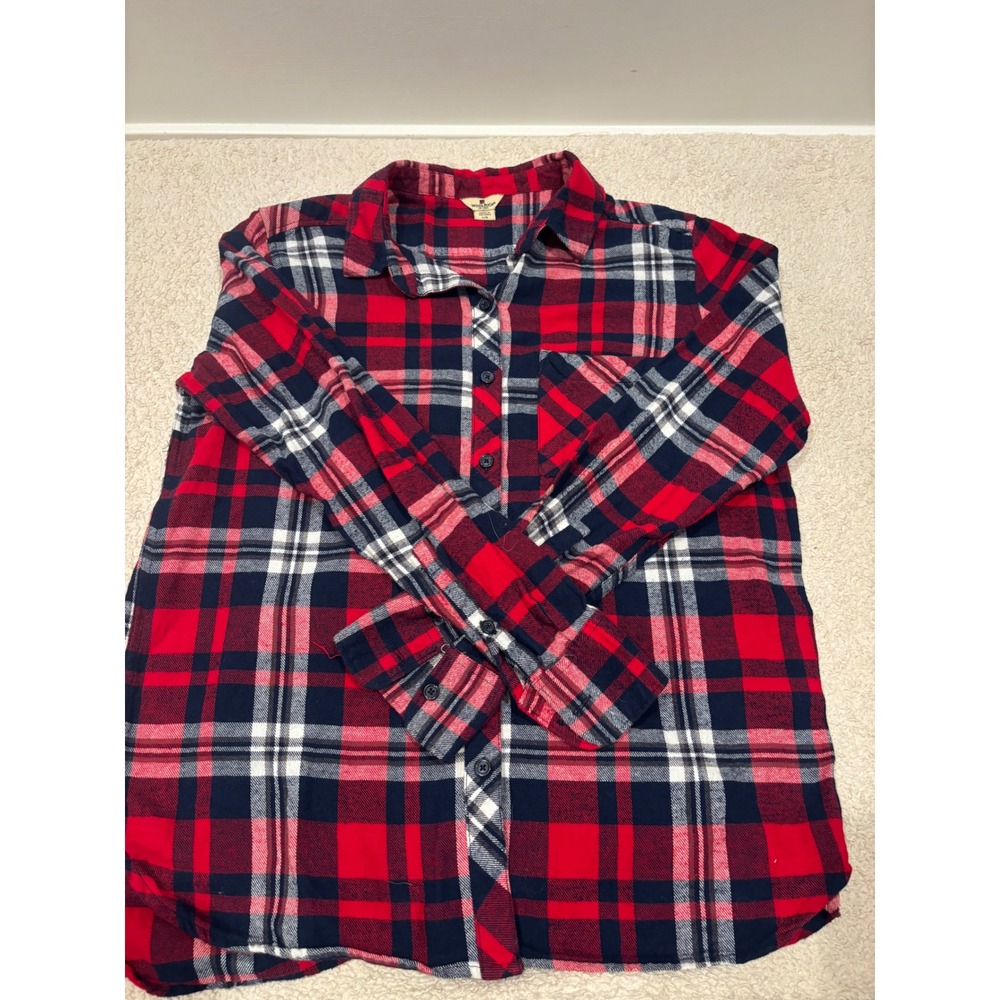 Woolrich Flannel Shirt Mens Large Red Navy Blue Plaid Button Down Cotton L/S